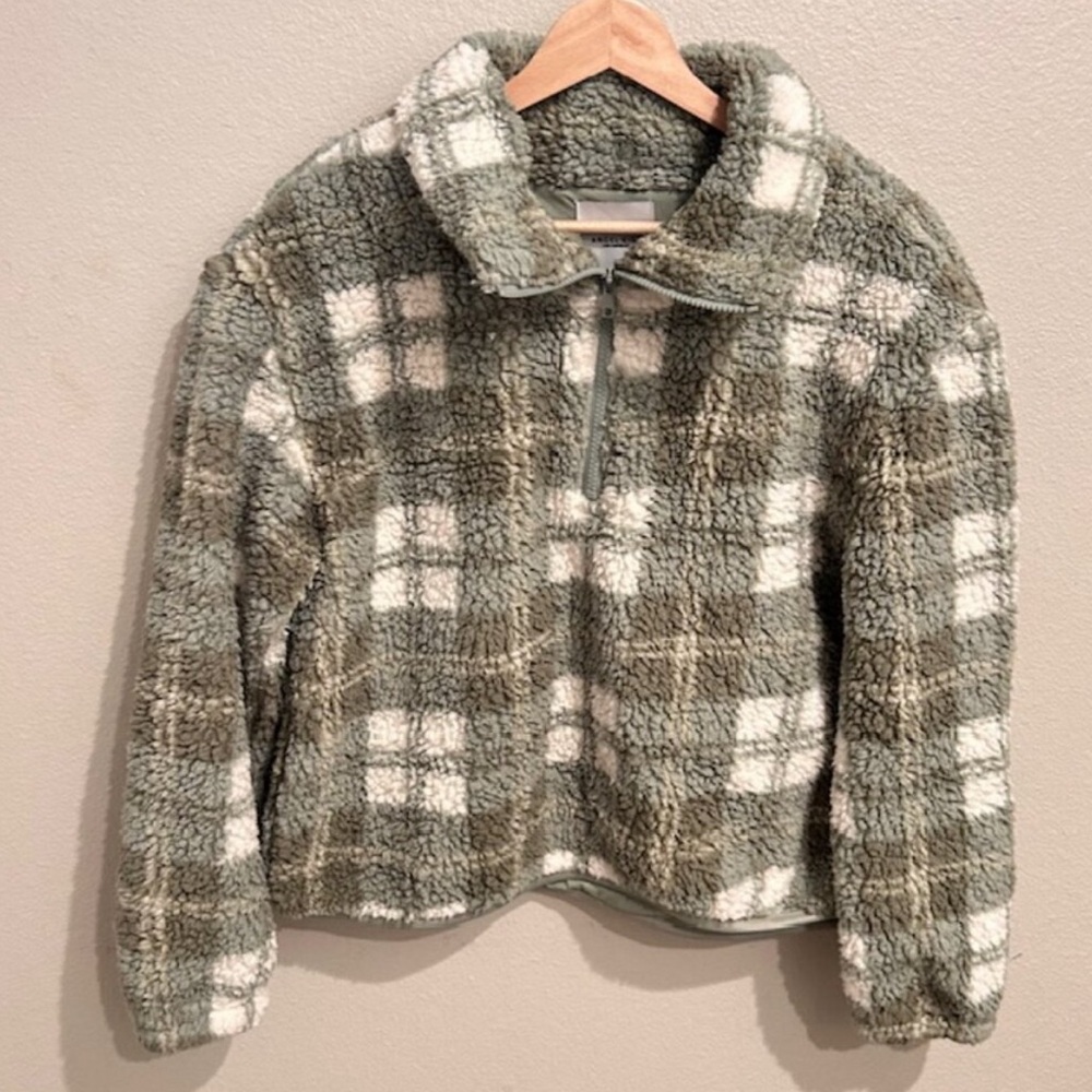 Angel Kiss Green Plaid Sherpa 1/4 Zip Jacket Medium